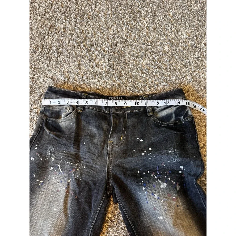 THRILL Girls Size 16 Black Jeans Distressed Paint Splatter Y2K Straight Leg
